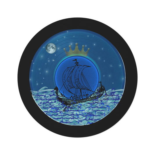 Round Room - 5 ft x 5 ft Lumpy Donut Rug - "Stately Donut Rug of the Prince" - vivid blue record donut w/black background