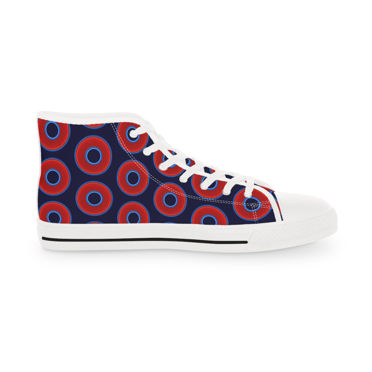 Men's High Top Chucks - large vivid red donut print w/midnight blue background