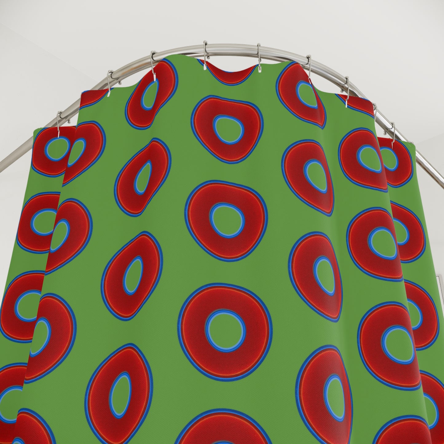 The Curtain With "Donuts" - Lumpy Bath Time Fun - vivid red donuts w/light green background