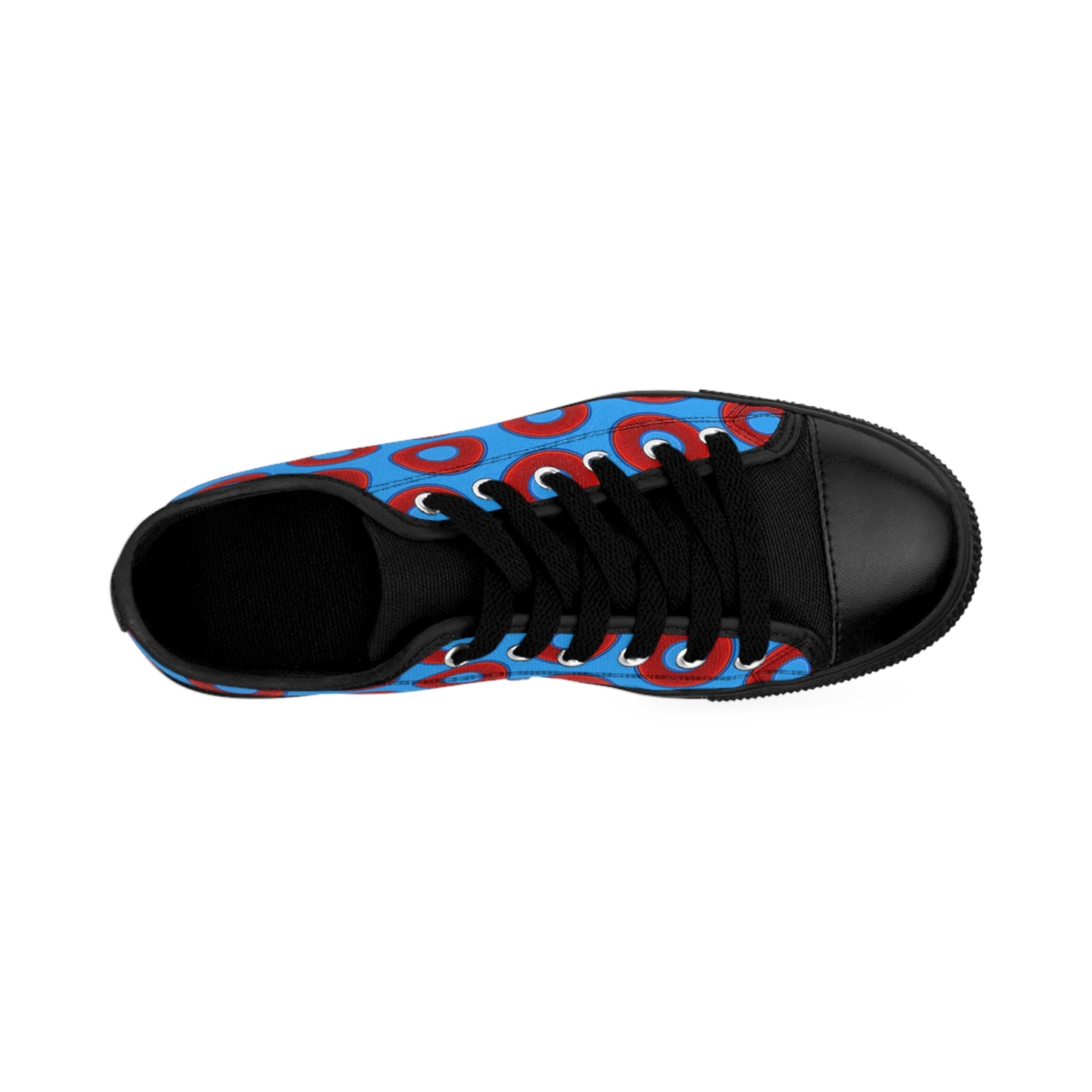 Women's Cushiony Convectors - Low Top - large red vivid donut print w/sky royal blue background