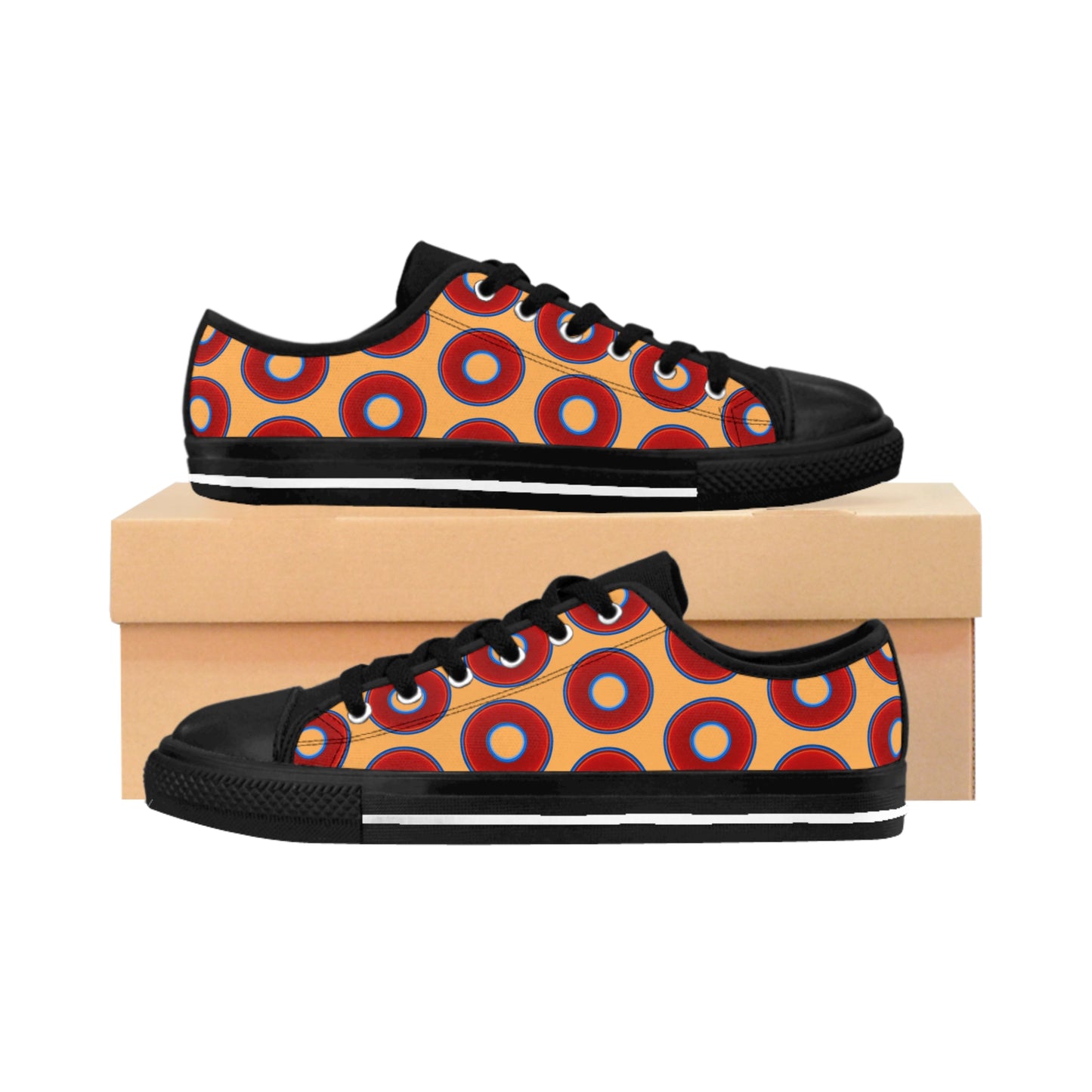 Women's Cushiony Convectors - Low Top - large red vivid donut print w/creamsicle orange background