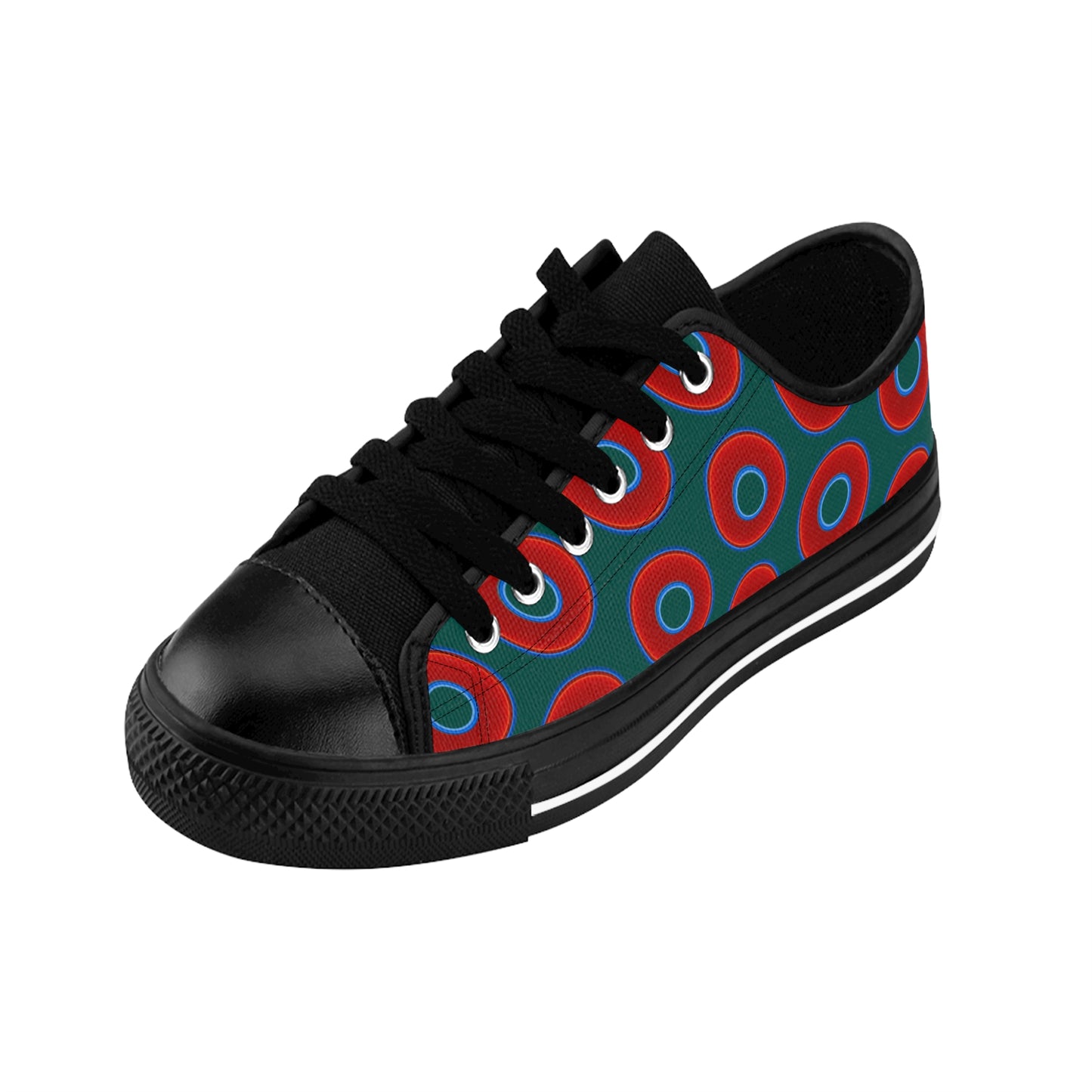 Women's Cushiony Convectors - Low Top - large red vivid donut print w/dark Fenway green background