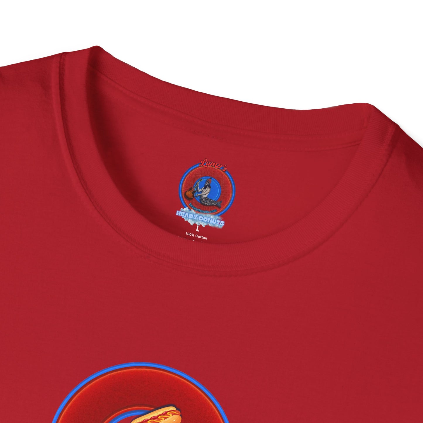 Classic Donut Tee - Unisex Soft-Style - "Viva Las Vegas Donut" -  vivid red donut w/raw dogger - variant 3