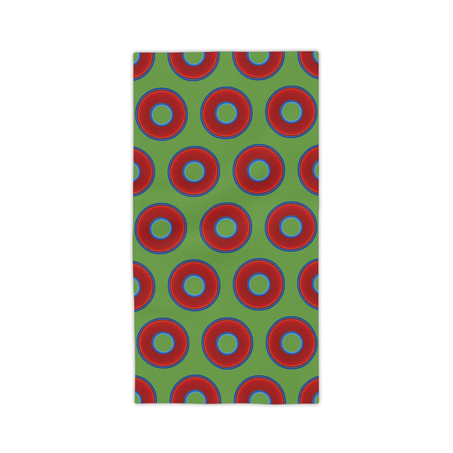 Lumpy Donut Towels - vivid red donuts w/light green background