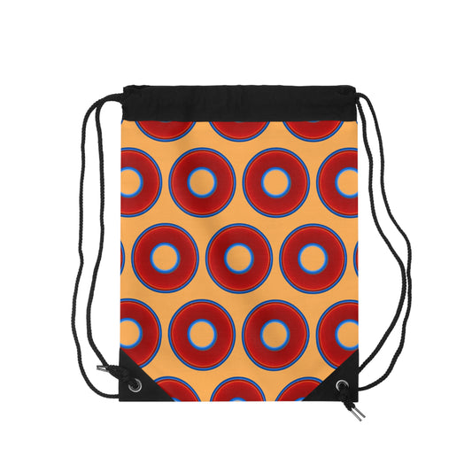Lumpy Donut Drawstring Bag - red vivid donuts print w/orange creamcicle background