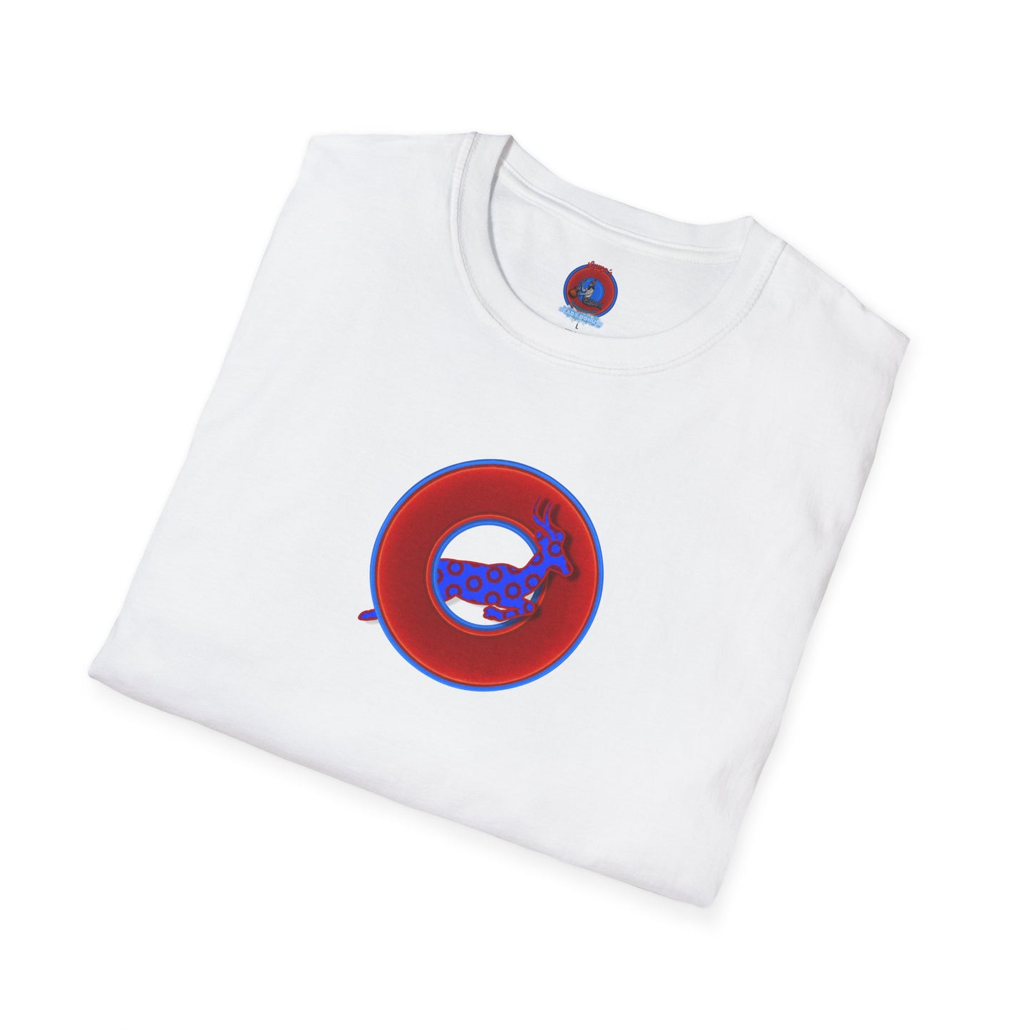 Classic Donut Tee - Unisex Soft-Style - "Out of Control Donut" - vivid red donut - variant 2 "jumping on through"