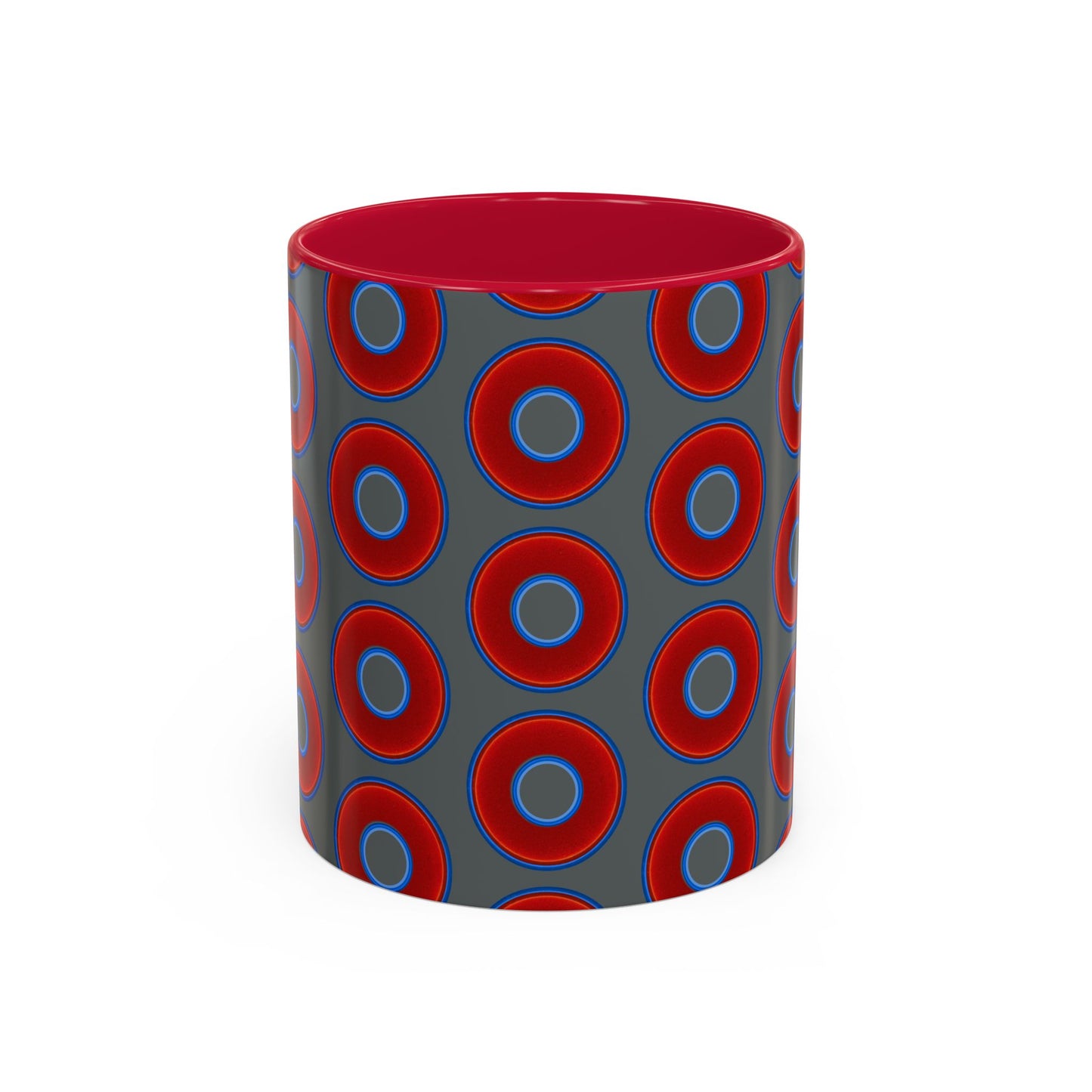 Lump's Grumpy Coffee Mug - vivid red donuts w/dark gray background
