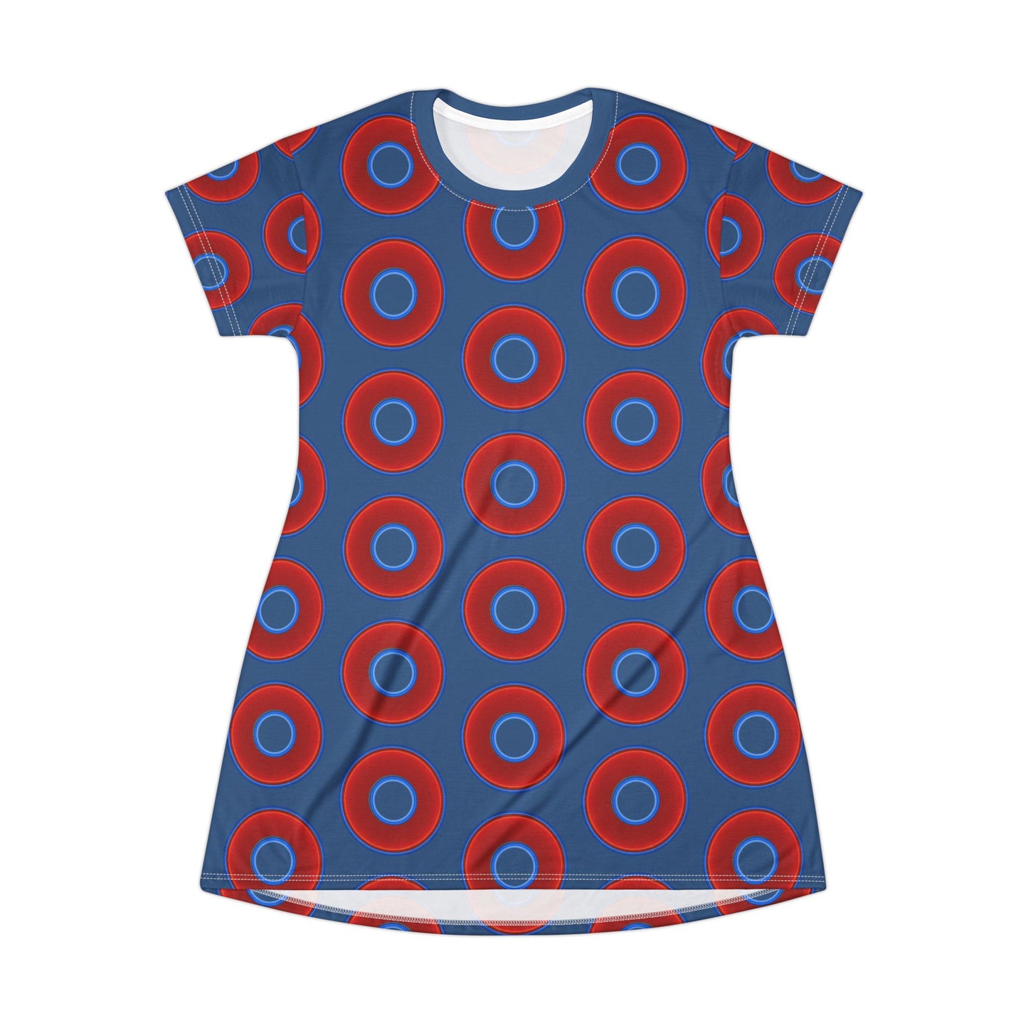 Not a Muumuu AOP Tee Shirt Dress - red vivid donuts w/light navy blue background