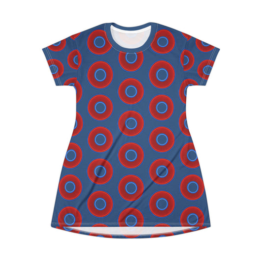 Not a Muumuu AOP Tee Shirt Dress - red vivid donuts w/light navy blue background