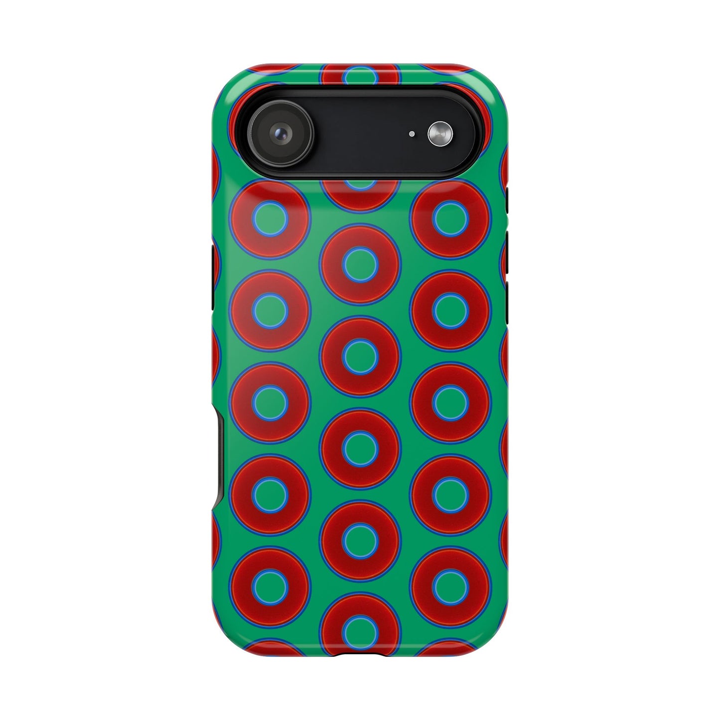 Impact-Resistant Lumpy Donut Case - red vivid donut print w/jade green background