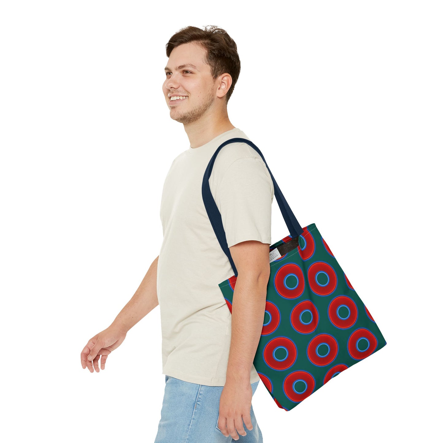 Lumpy Beach/Tote Bag - red vivid donuts w/dark grayish green background