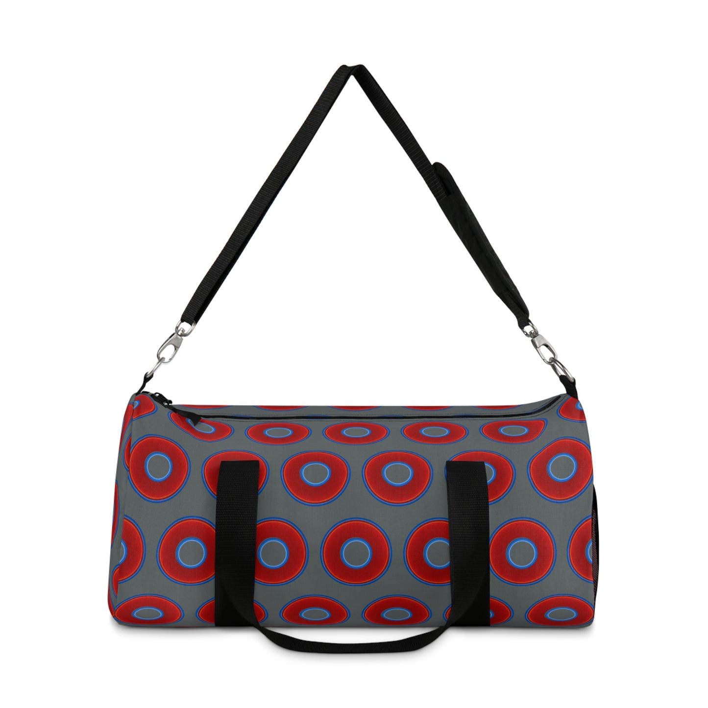 Lumpy Duffel - vivid red donuts w/dark gray background