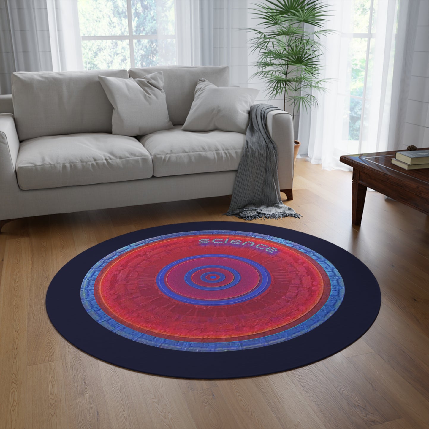 Round Room - 5 ft x 5 ft Lumpy Donut Rug - "The Scientific Donut Rug" - vivid red/blue tube donut w/dark navy background
