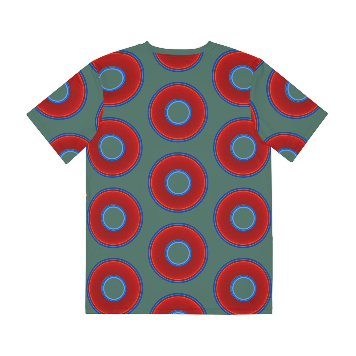 Multi-Beastie Giant Donut AOP Polyester Tee - red vivid donut print w/dark Fenway green background