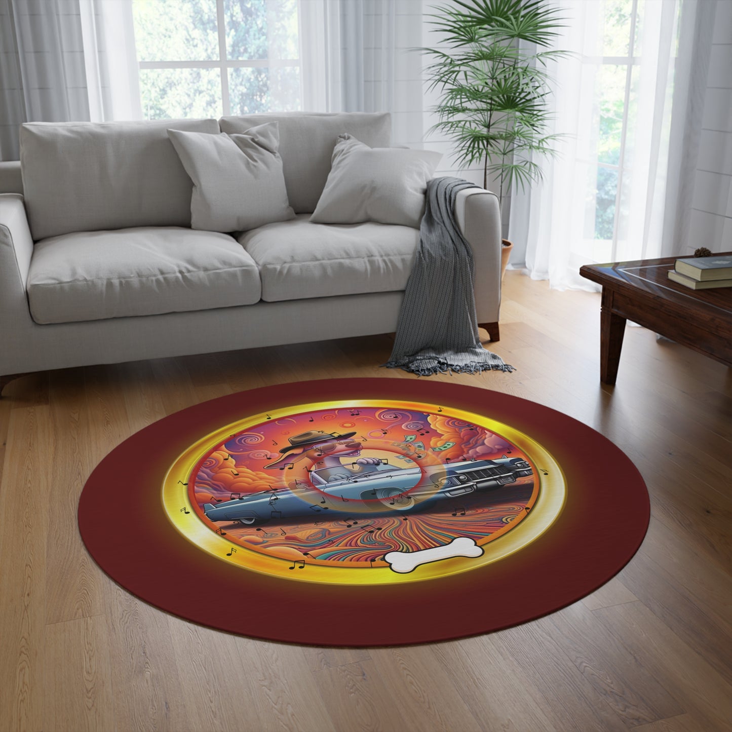 Round Room - 5 ft x 5 ft Lumpy Donut Rug - "Jimmy's Runaway Donut Rug" - vivid gold/orange pic donut w/dark red background - variant 4