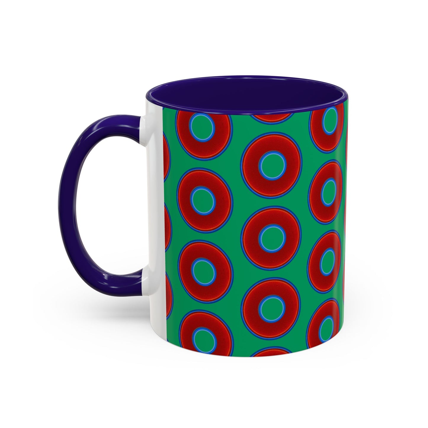 Lump's Grumpy Coffee Mug - vivid red donuts w/jade green background