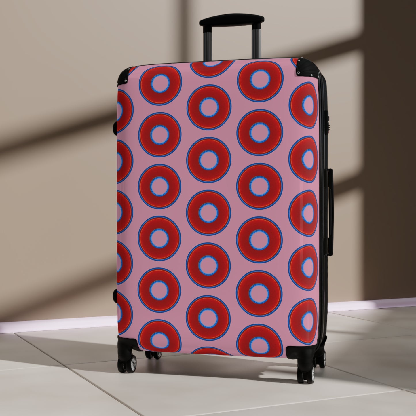 Very Lumpy Donut Suitcase series - your choice of S, M or L - vivid red donut print w/pale magenta background