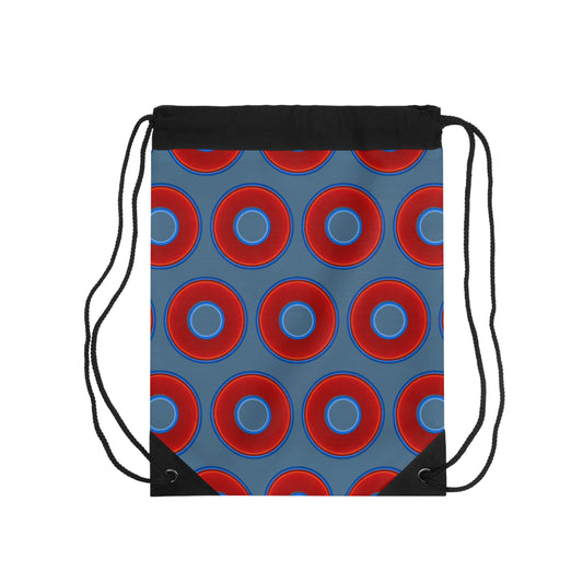 Lumpy Donut Drawstring Bag - red vivid donuts print w/steel blue background