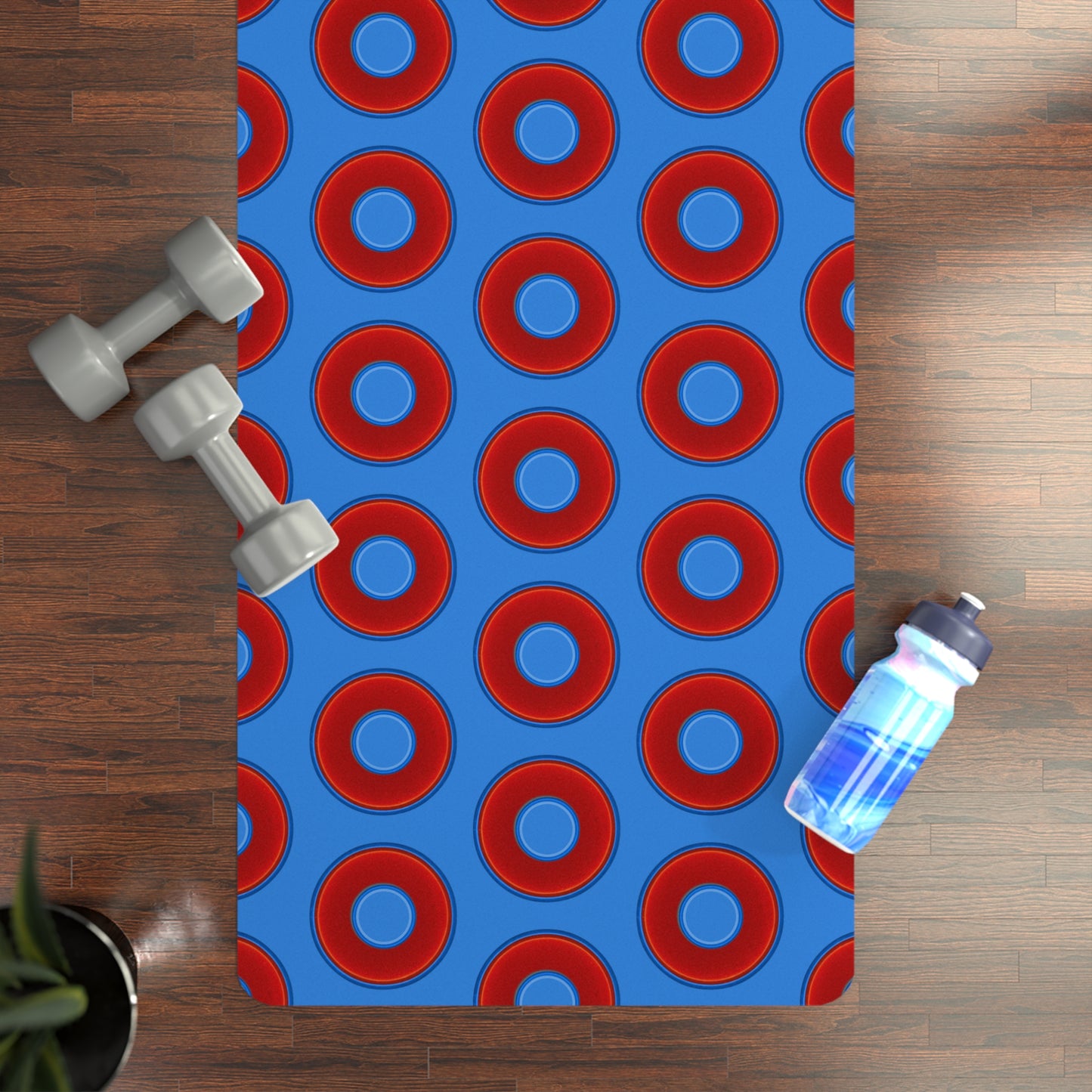Lumpy Donut Yoga Mat :) - 24″ x 70" - vivid red donut print w/light royal blue background