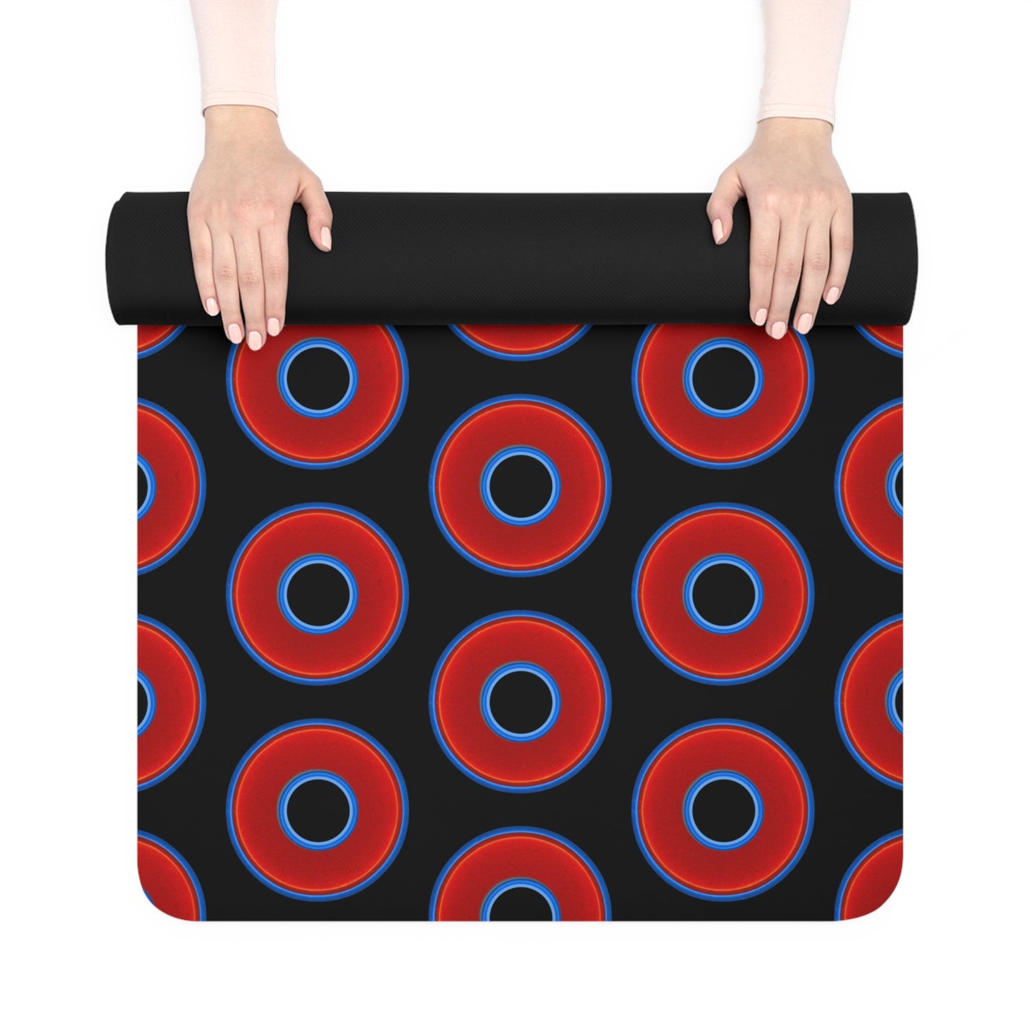 Lumpy Donut Yoga Mat :) - 24″ x 70" - vivid red donut print w/black background