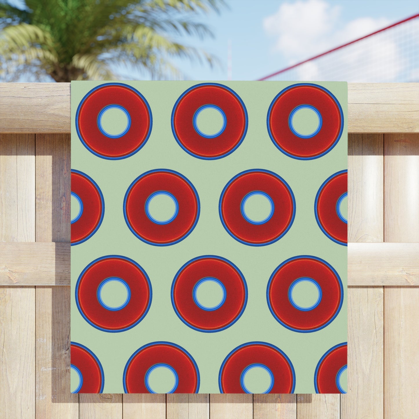 Lumpy Donut Towels - vivid red donuts w/seafoam background