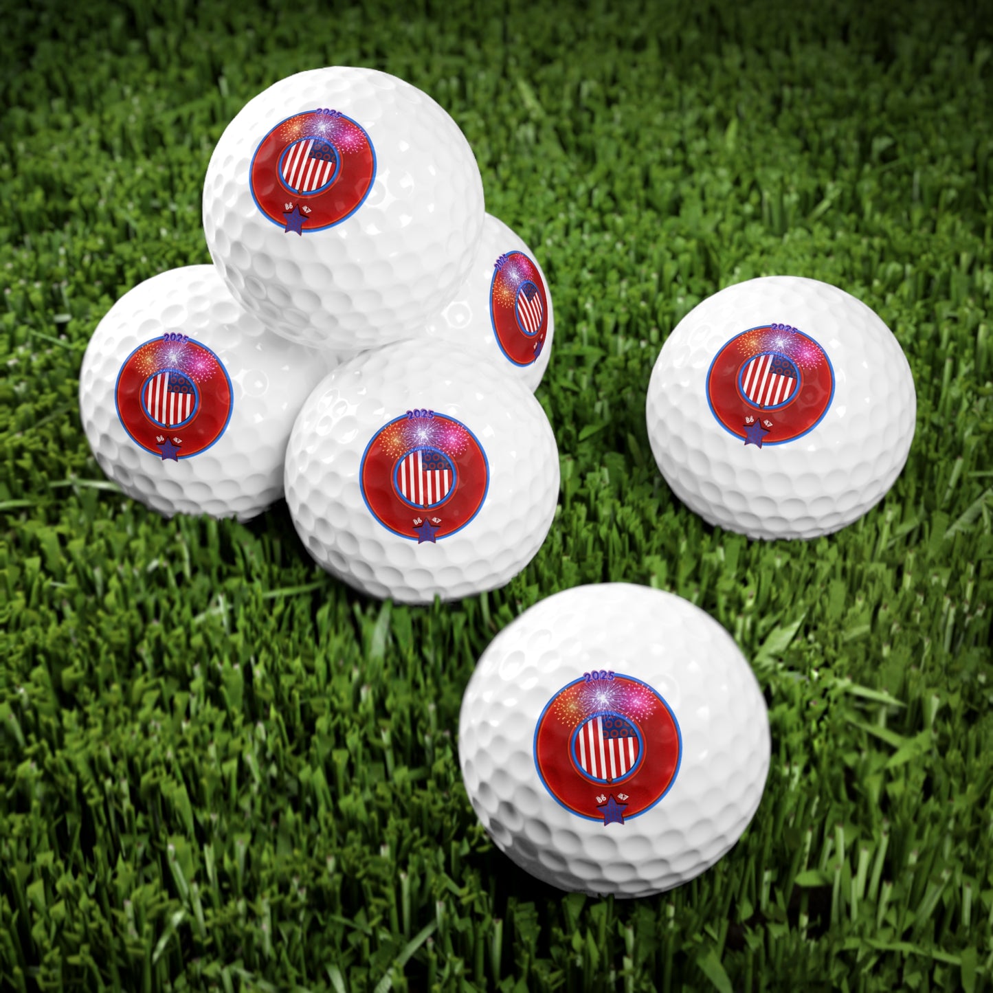 Lumpy Donut Golf Balls - 6-pack - "One Indivisible Donut" - vivid red/blue donut - variant 3 w/fireworks