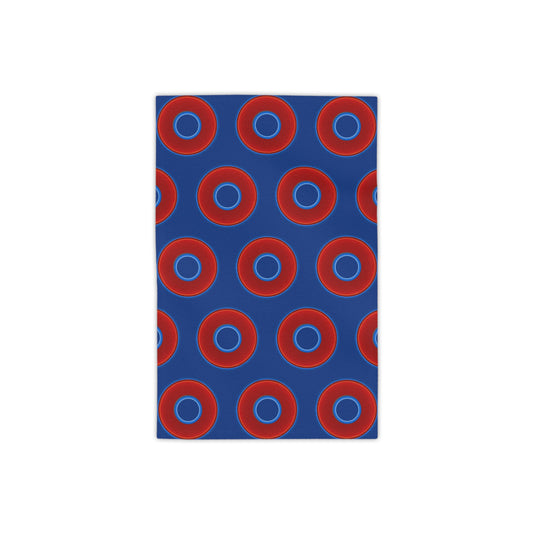 Lumpy Donut Towels - vivid red donuts w/dark blue background