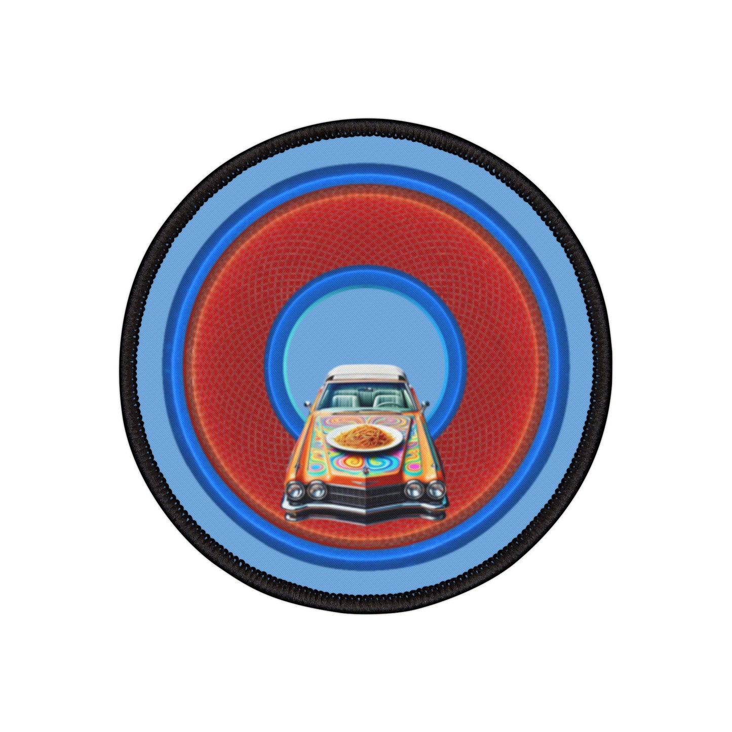 Iron-On Donut Patch - "Caddy Spaghetti Incident Donut Patch" - rustic red/blue donut - variant 1