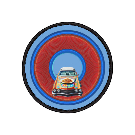 Iron-On Donut Patch - "Caddy Spaghetti Incident Donut Patch" - rustic red/blue donut - variant 1