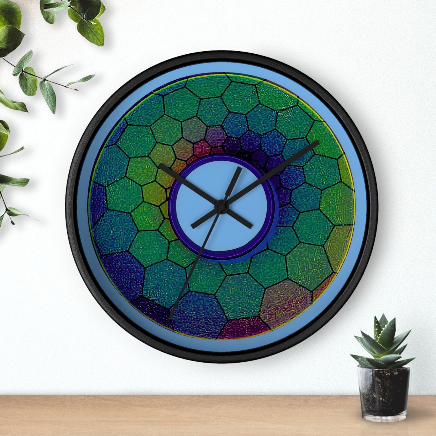 Lumpy Wall Clock - "Plain Hexadonut" - variant 3 - green hexadonut w/light blue background