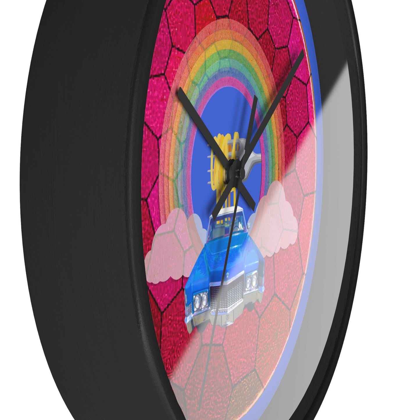 Lumpy Wall Clock - "Time for a Spaghetti Incident in my Caddy" - variant 2 - magenta hexadonut w/royal blue background