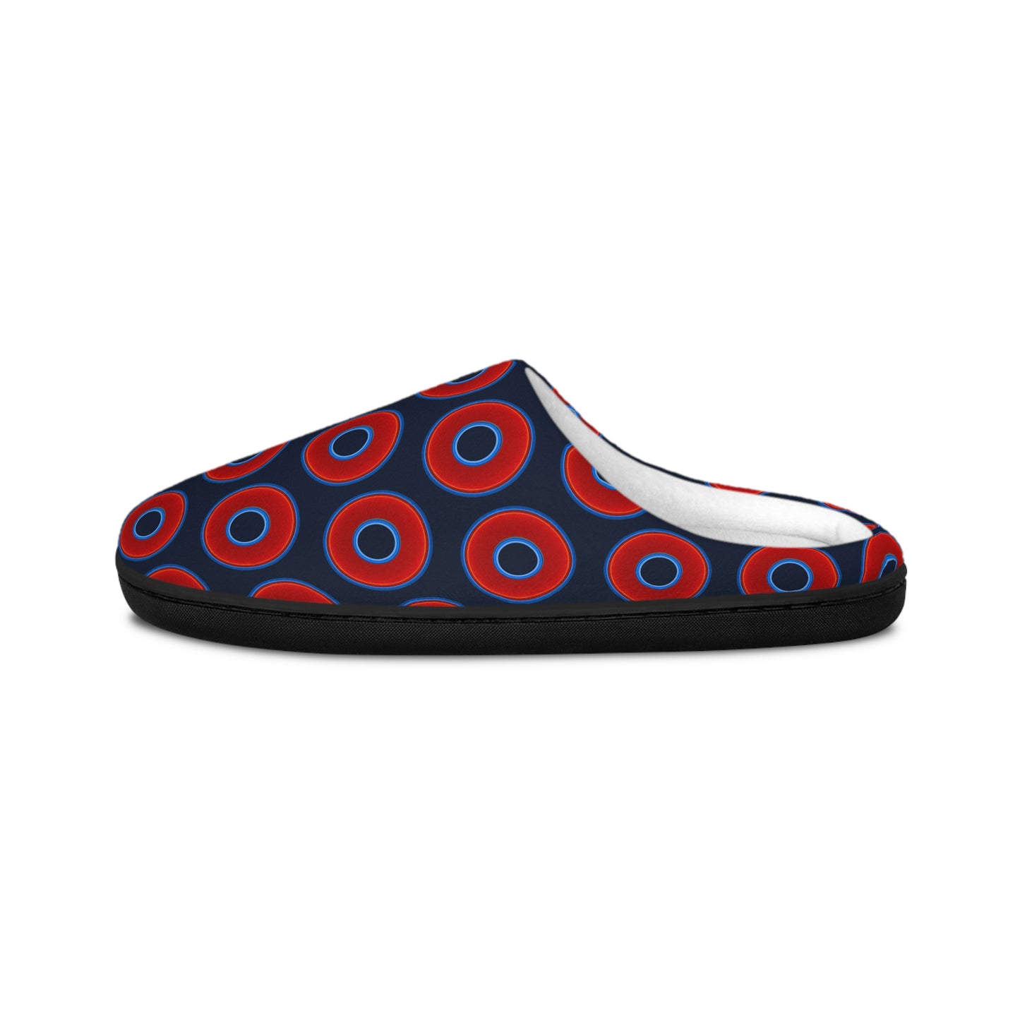 Men's Lumpy Slippers - red vivid donut print w/dark teal elite blue background