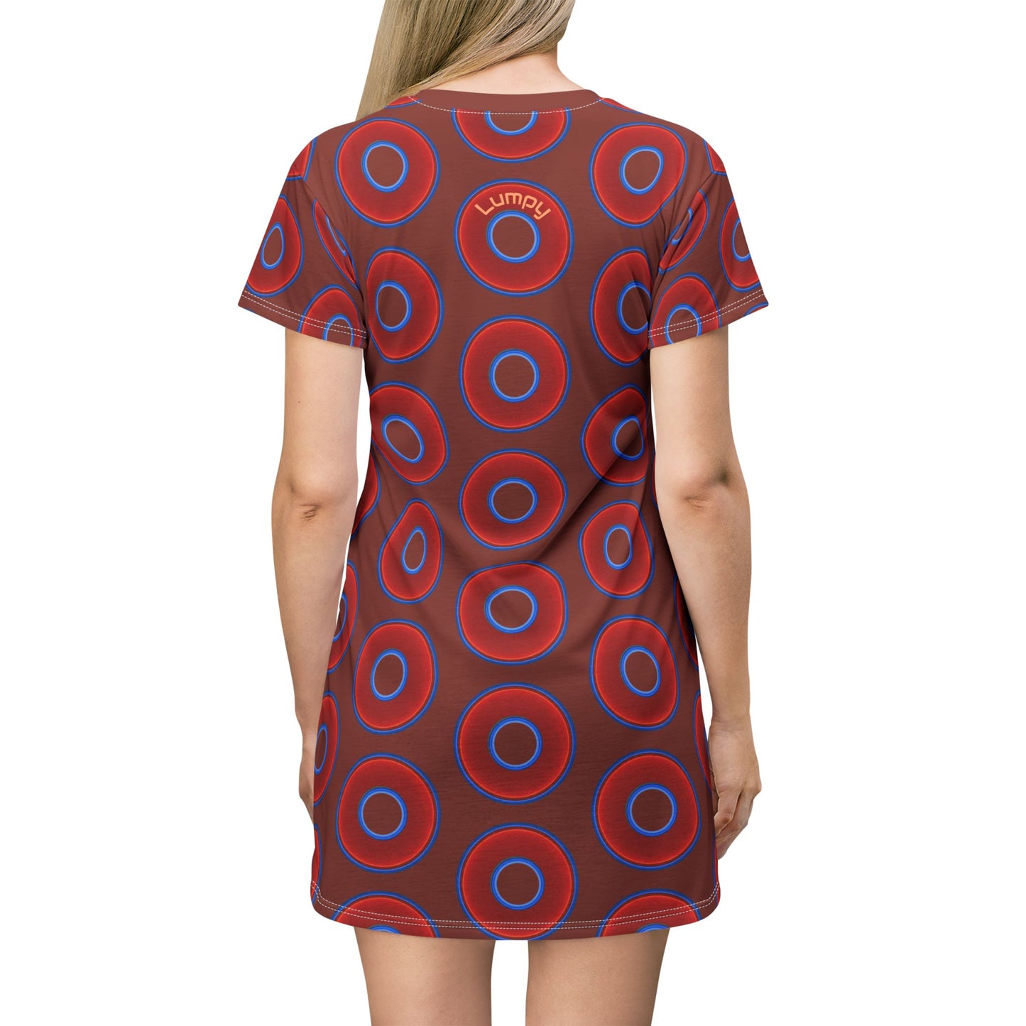 Not a Muumuu AOP Tee Shirt Dress - red vivid donuts w/burnt umber background