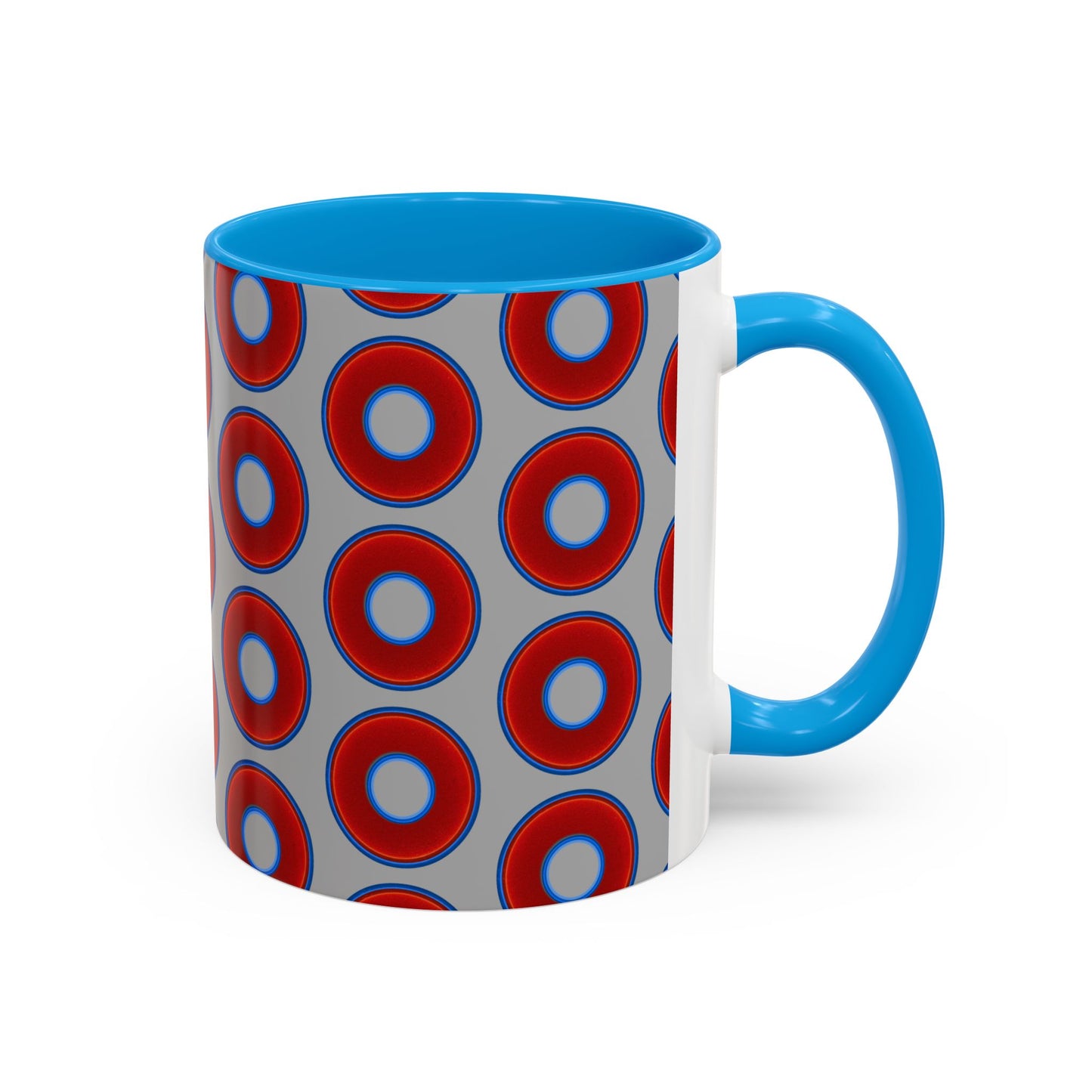 Lump's Grumpy Coffee Mug - vivid red donuts w/light gray background