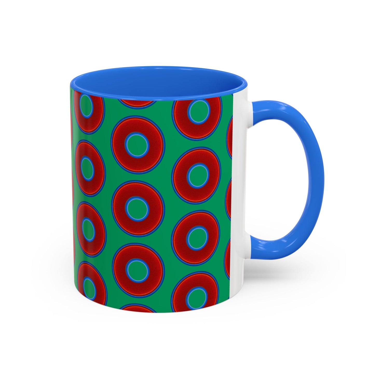 Lump's Grumpy Coffee Mug - vivid red donuts w/jade green background