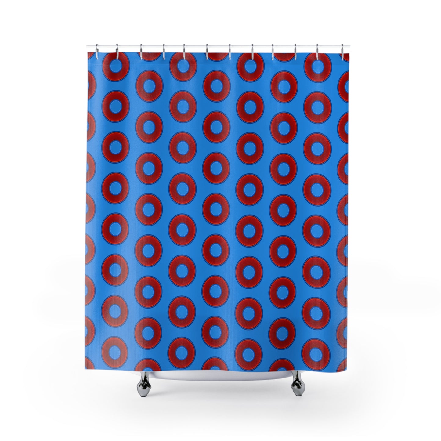 The Curtain With "Donuts" - Lumpy Bath Time Fun - vivid red donuts w/sky royal blue background