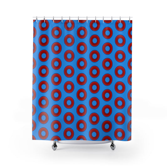 The Curtain With "Donuts" - Lumpy Bath Time Fun - vivid red donuts w/sky royal blue background