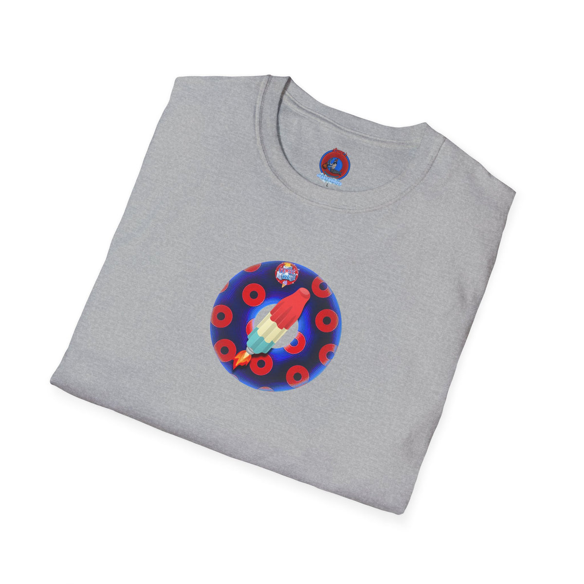 Classic Donut Tee - Unisex Soft-Style - "Blow this Popsicle Stand" - blue/red paradox bomb pop donut - variant 2