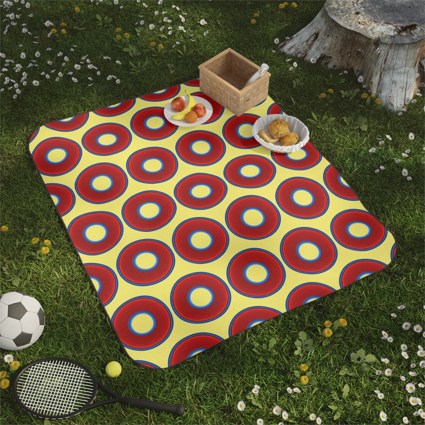 The Lumpy Party Blanket - giant water-resistant outdoor blanket [61" x 51"] - vivid red donuts w/yellow background