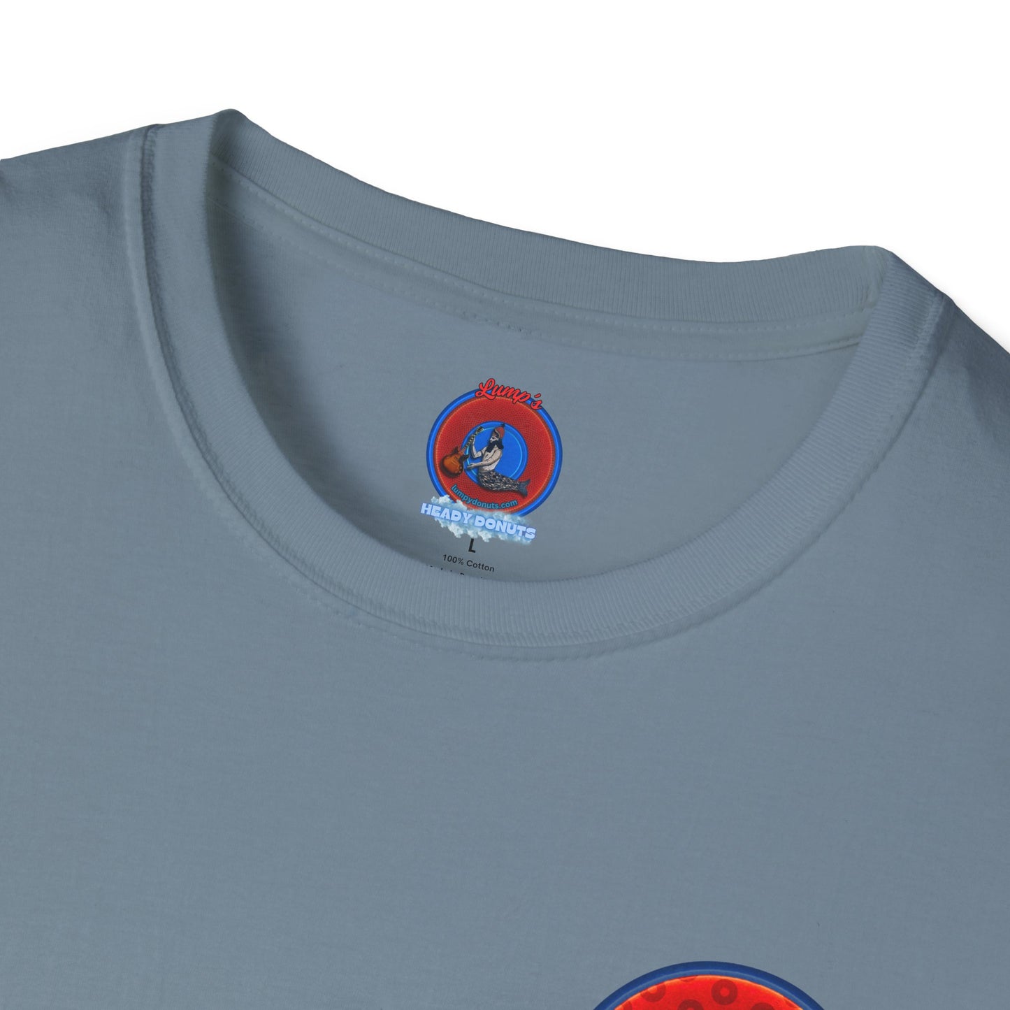 Classic Donut Tee - Unisex Soft-Style - "This is What Donuts Smell Like in Space - YEMSG Donut" - red/blue widemouthed paradox donut