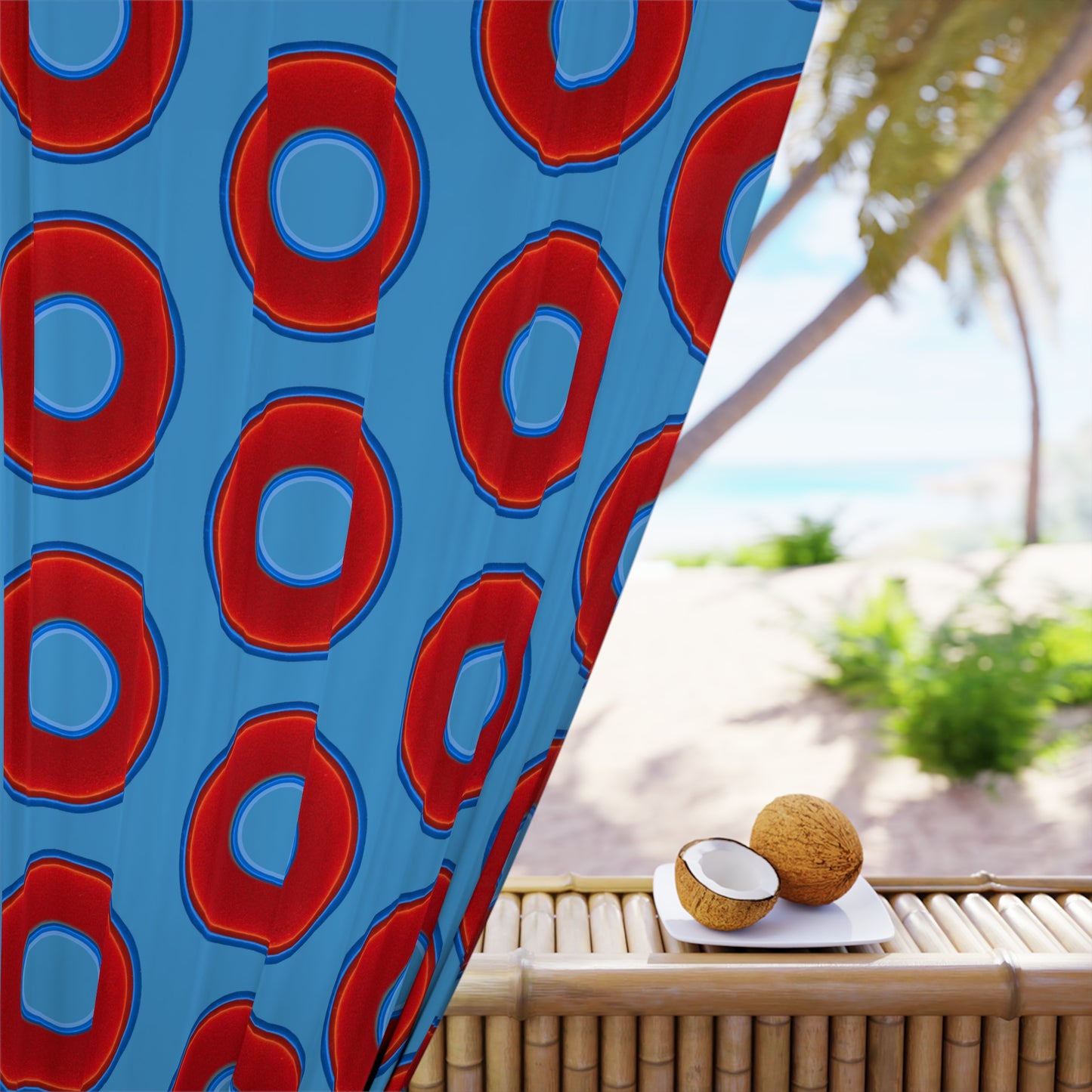 Lump's Heady Curtain w/Donuts - vivid red donut print - w/light steel blue - [*1 Piece / 50" x 84"]