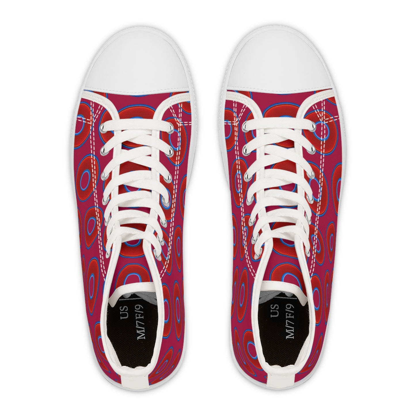 Women's High Top Chuck Taylors - large vivid red donut print w/dark magenta background