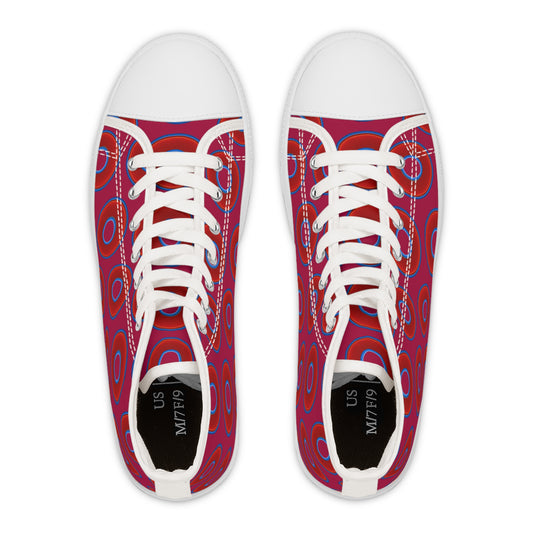Women's High Top Chuck Taylors - large vivid red donut print w/dark magenta background
