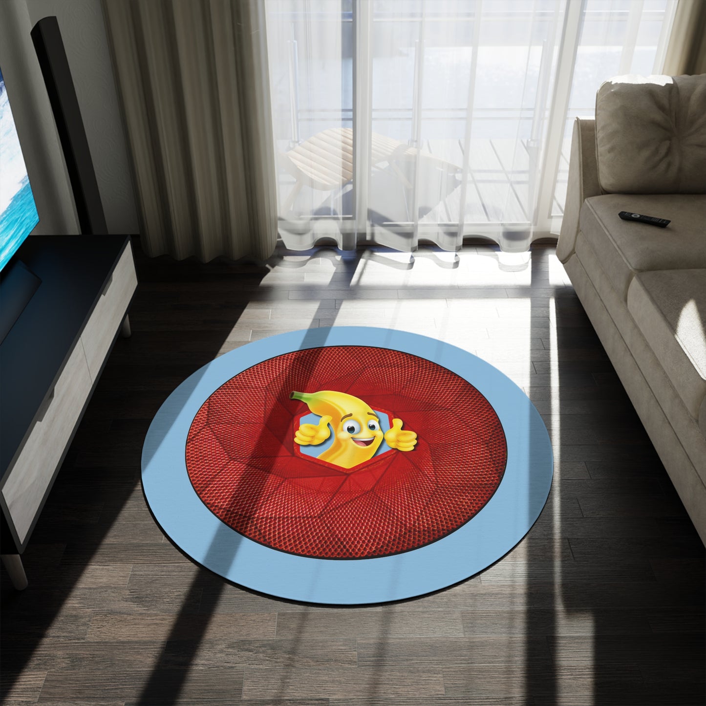 Round Room - 5 ft x 5 ft Lumpy Donut Rug - "Banana Bread Donut " - red cube donut w/sky blue background - variant 4