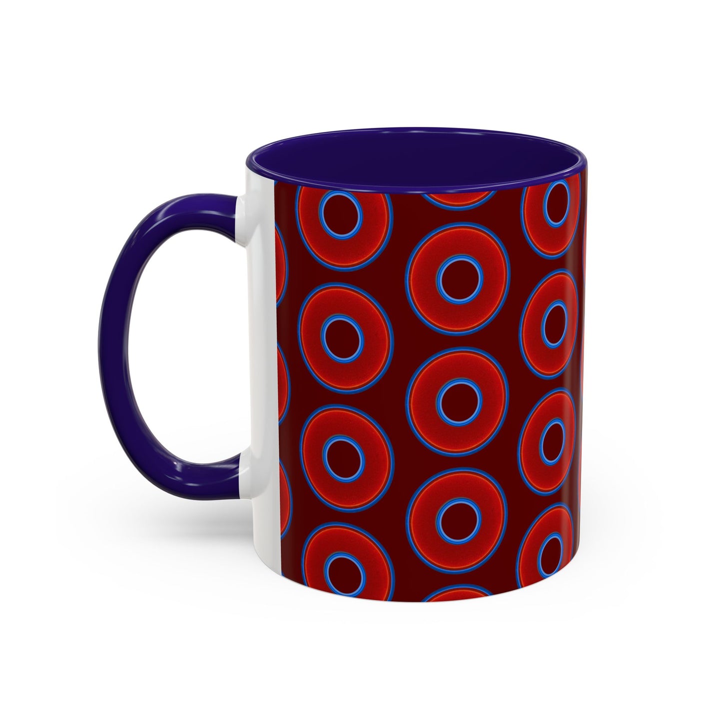 Lump's Grumpy Coffee Mug - vivid red donuts w/dark red background