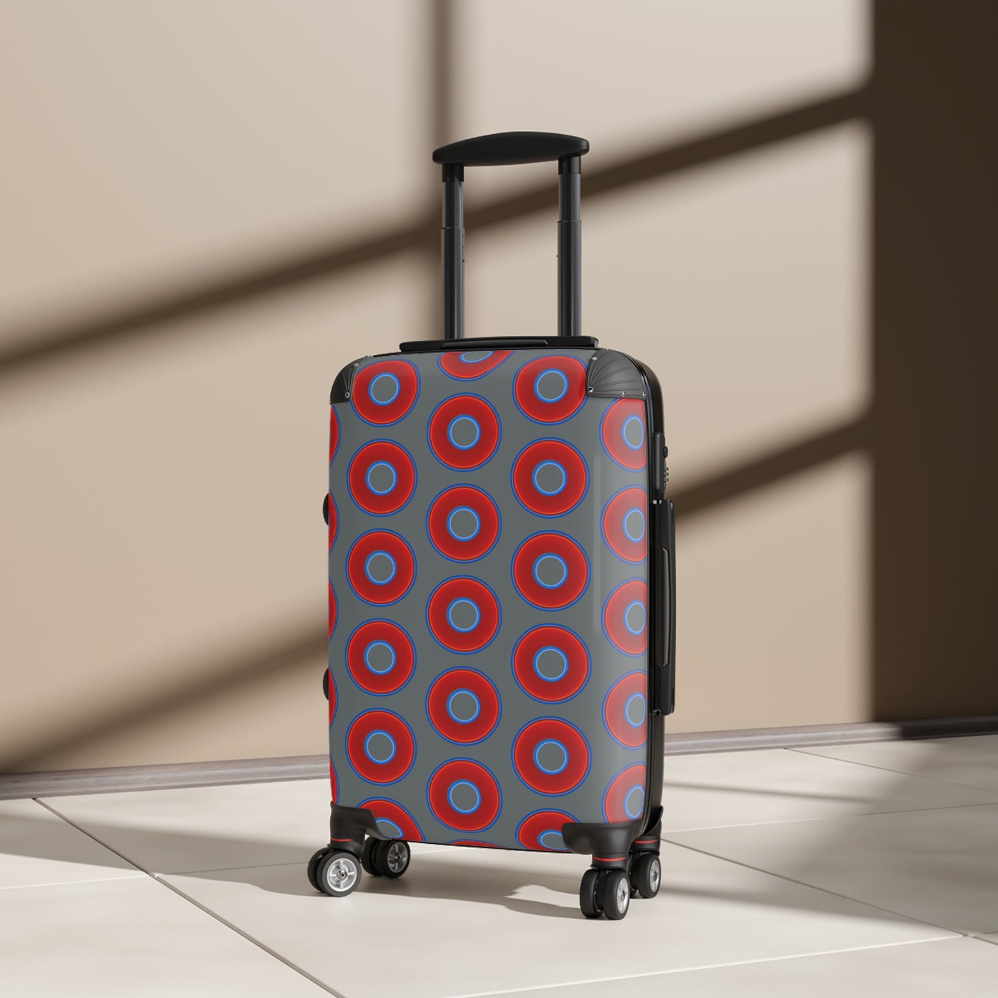 The Very Lumpy Donut Suitcase series - your choice of S, M or L - vivid red donut print w/dark gray background