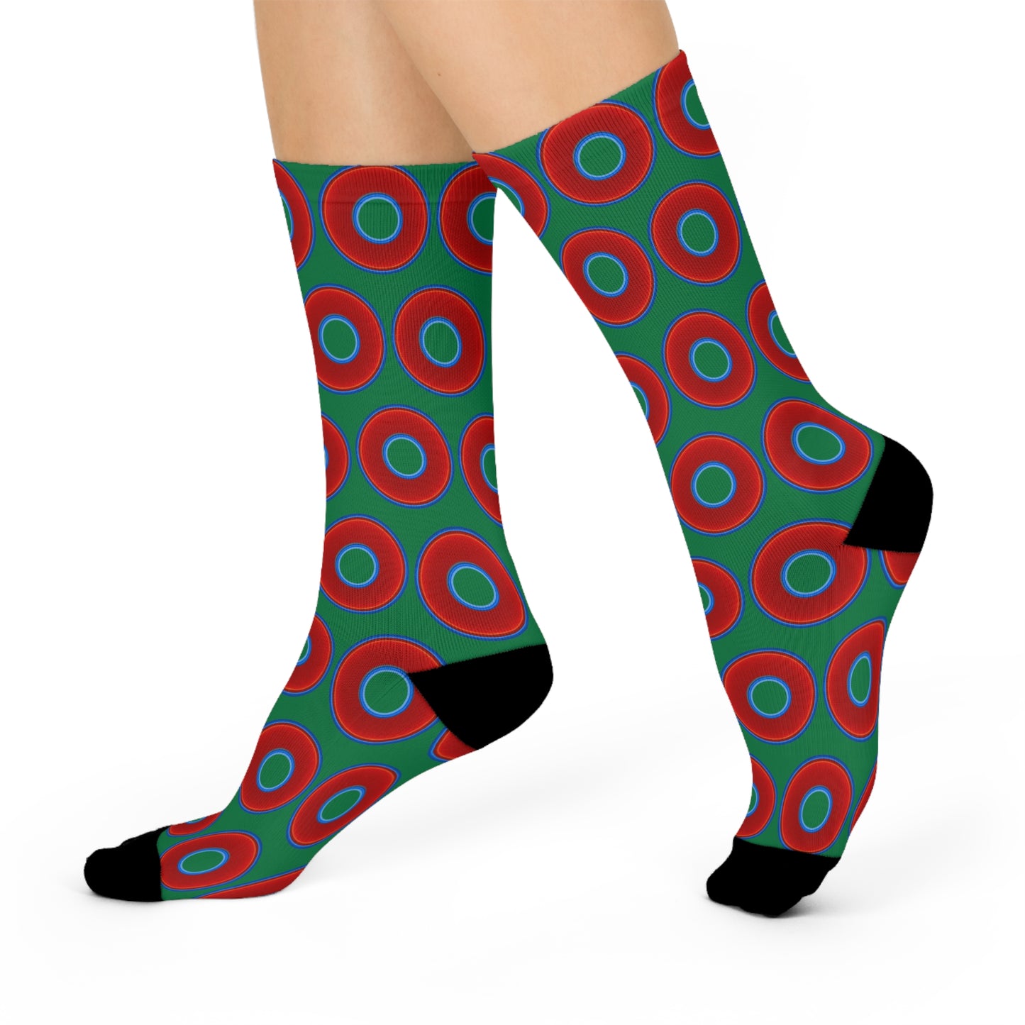 Lumpy Sox - cushioned crew - vivid red donut print w/green background
