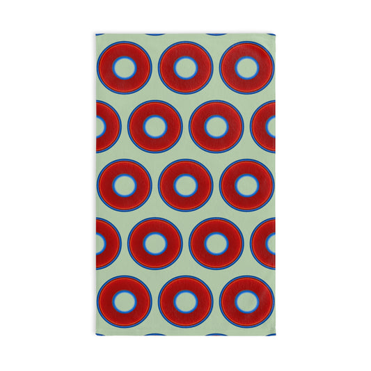 Lumpy Kitchen/Hand Towels - vivid red donuts w/seafoam background