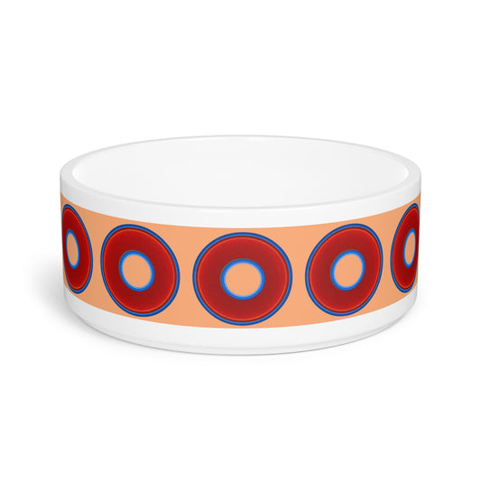 16 oz Lumpy Pet Bowl - vivid red donuts w/peach background