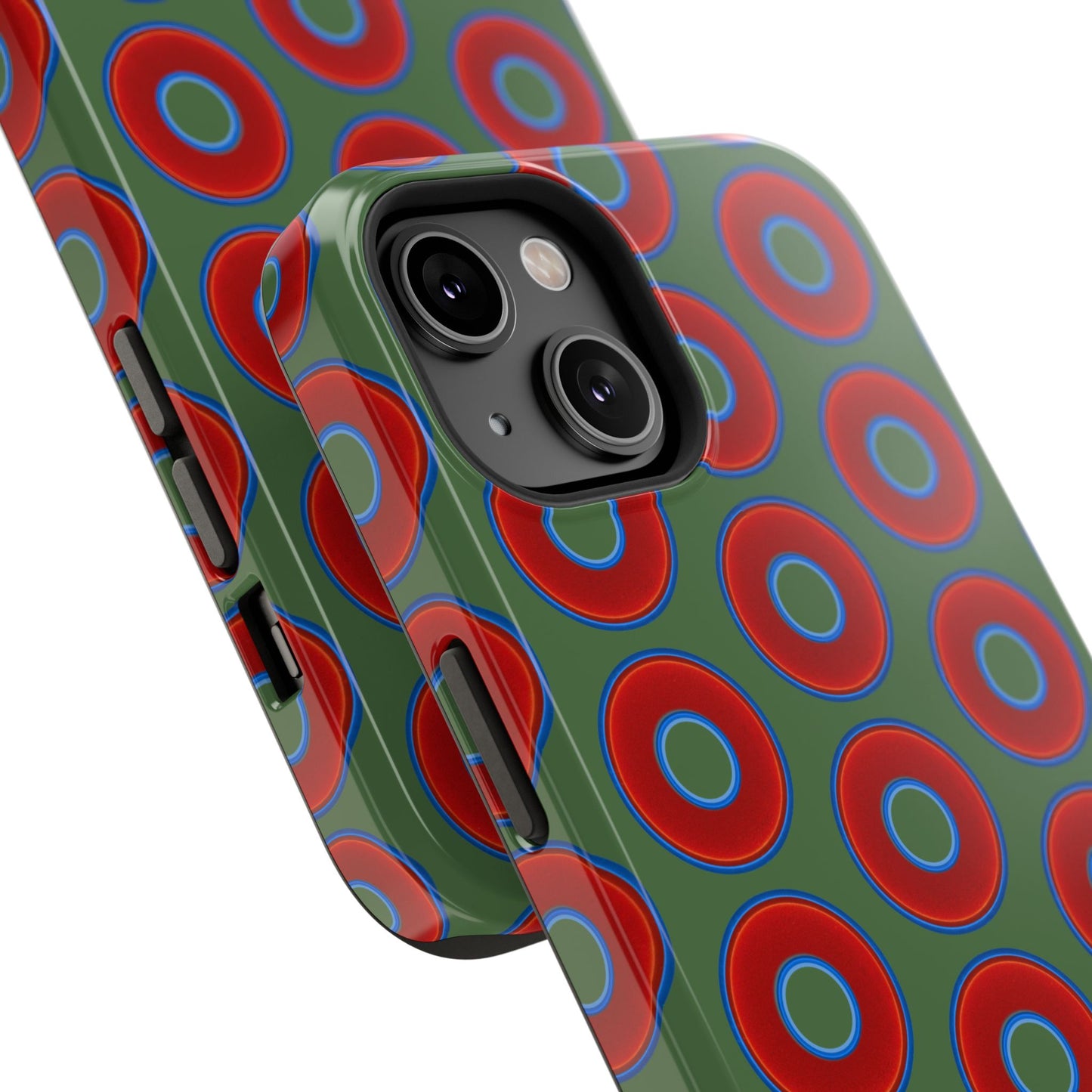 Impact-Resistant Lumpy Donut Case - red vivid donut print w/dark green background